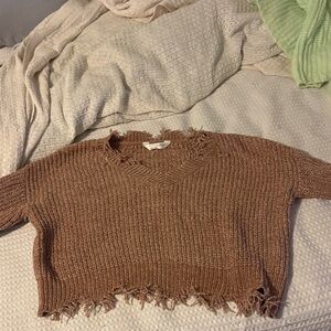Belle Du Jour Fringed V-Neck Sweater in Brown